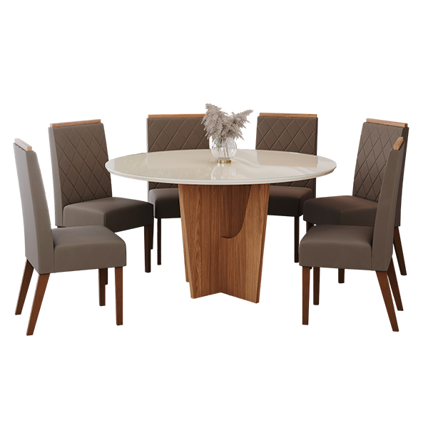 Conjunto-Comedor-Redondo-Vertice-6-Sillas-Nina-Off-White-Tela-Marron-Almendra-Abba-Muebles Conjunto-Comedor-Redondo-Vertice-6-Sillas-Nina-Off-White-Tela-Marron-Almendra-Abba-Muebles