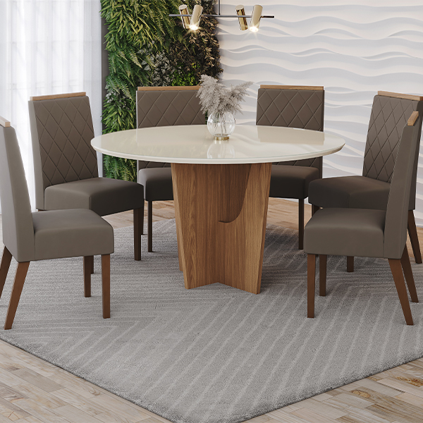 Conjunto-Comedor-Redondo-Vertice-6-Sillas-Nina-Off-White-Tela-Marron-Almendra-Ambiente-Abba-Muebles